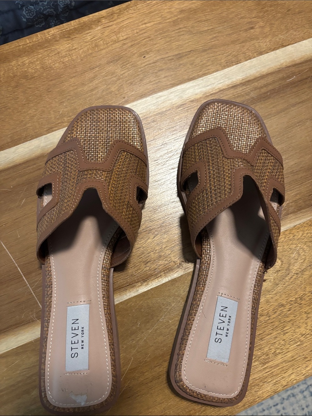 STEVEN New York Tan Woven Slide Sandals